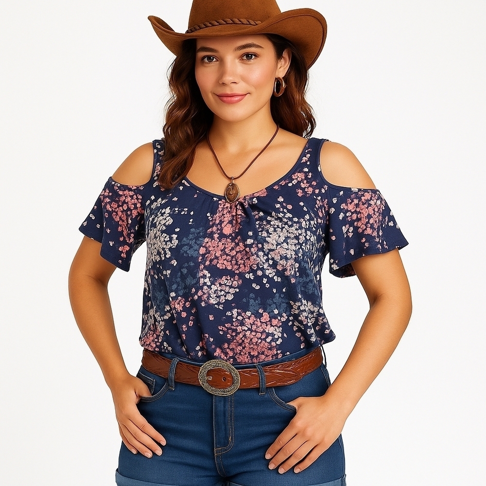 Lucky Brand Navy Floral Cold Shoulder Top XL Boho Flutter Sleeve Blouse - Picture 11 of 11